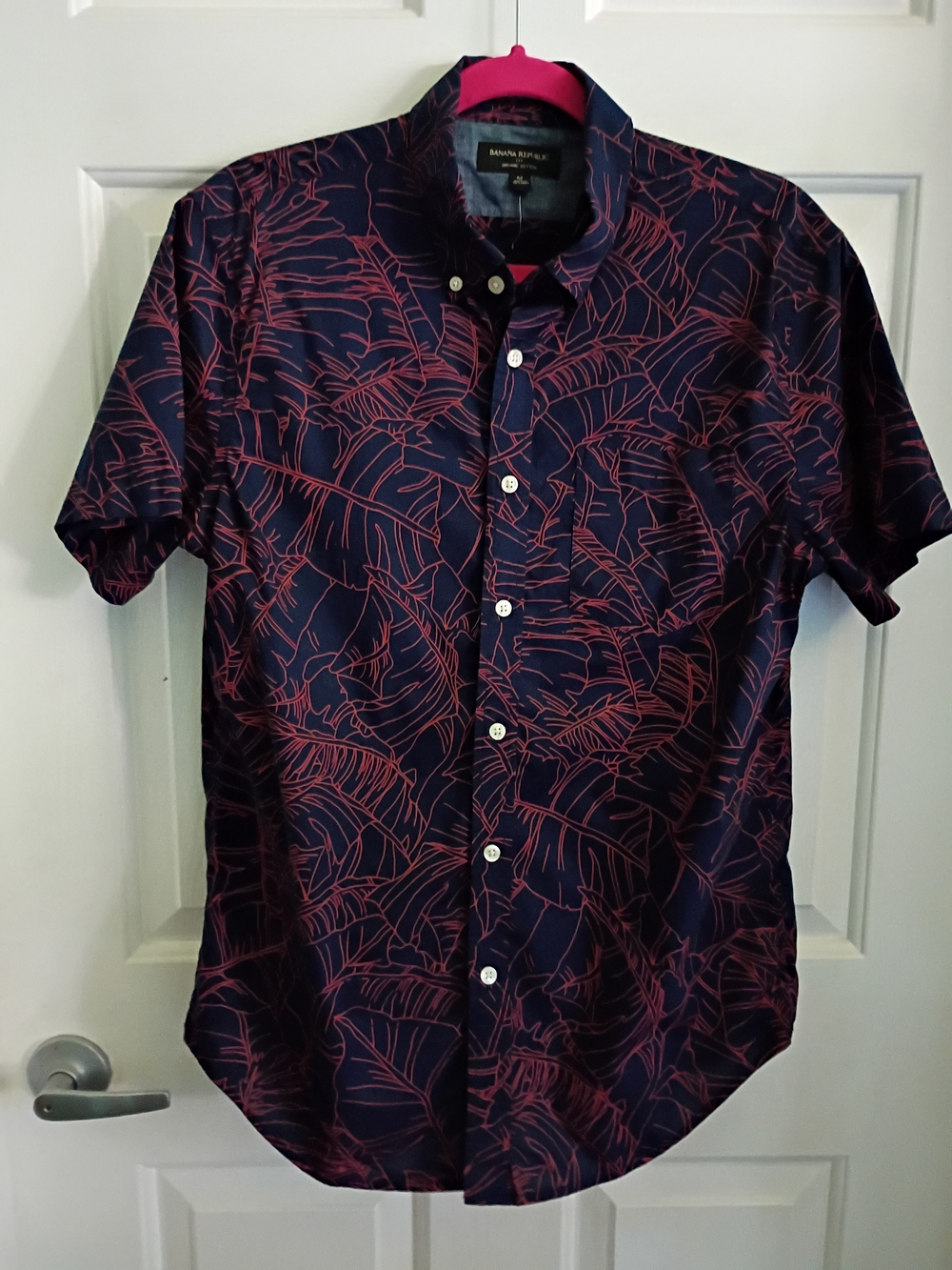 Banana Republic Navy Blue Short-Sleeve Button-Up Shirt with Pink Leaf Print